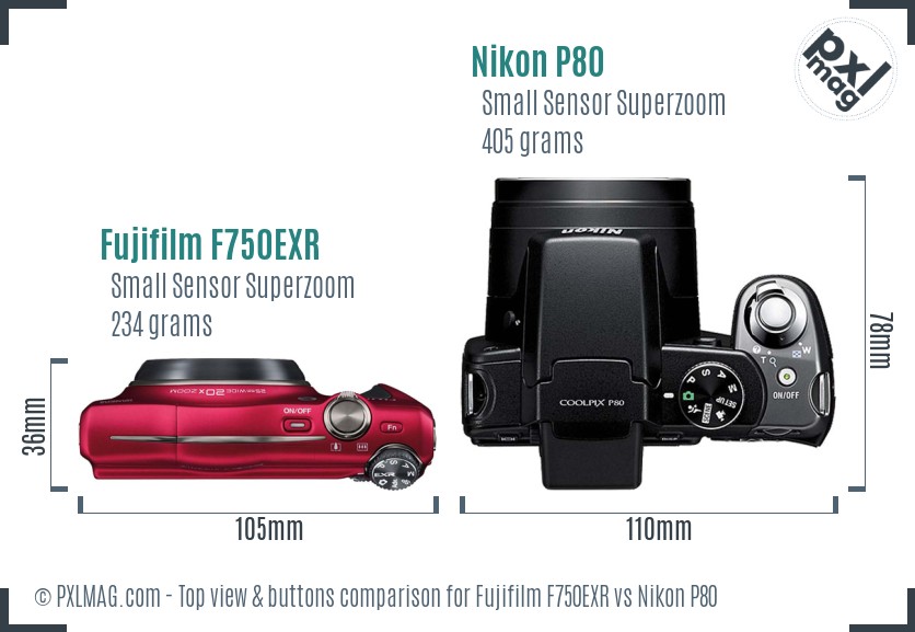 Fujifilm F750EXR vs Nikon P80 top view buttons comparison