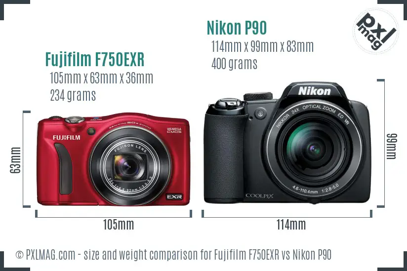 Fujifilm F750EXR vs Nikon P90 size comparison
