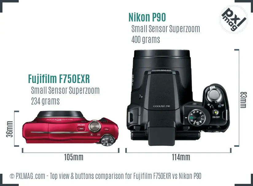 Fujifilm F750EXR vs Nikon P90 top view buttons comparison