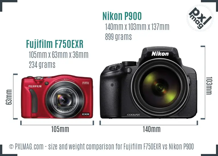 Fujifilm F750EXR vs Nikon P900 size comparison