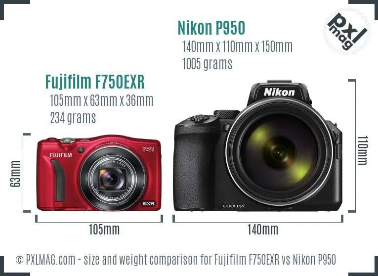 Fujifilm F750EXR vs Nikon P950 size comparison