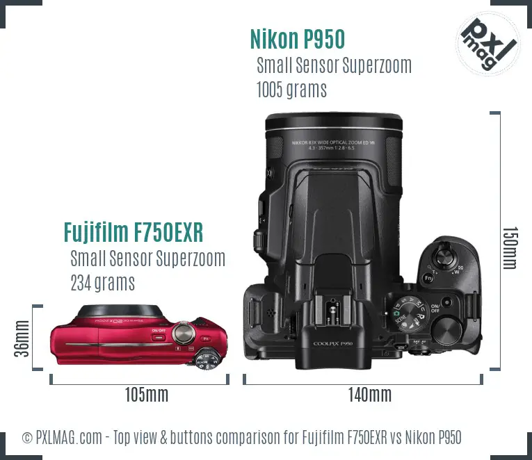 Fujifilm F750EXR vs Nikon P950 top view buttons comparison