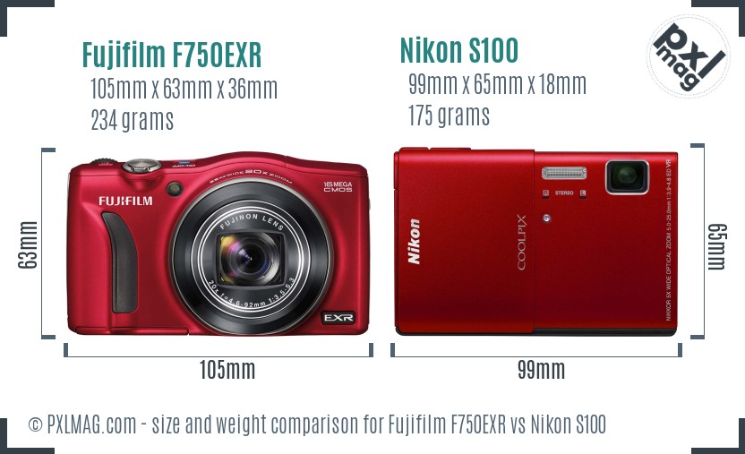 Fujifilm F750EXR vs Nikon S100 size comparison Fujifilm F750EXR vs Nikon S100 size comparison