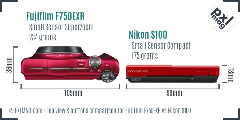 Fujifilm F750EXR vs Nikon S100 top view buttons comparison