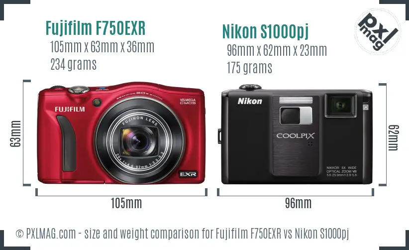 Fujifilm F750EXR vs Nikon S1000pj size comparison