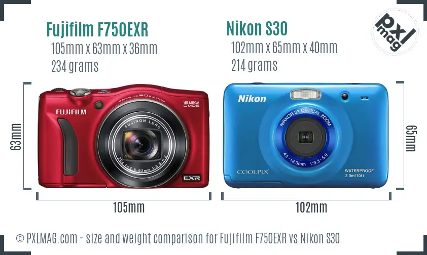 Fujifilm F750EXR vs Nikon S30 size comparison