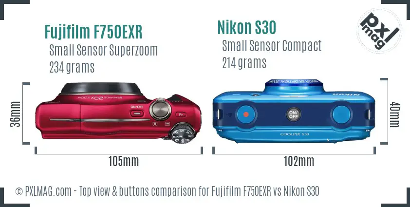 Fujifilm F750EXR vs Nikon S30 top view buttons comparison
