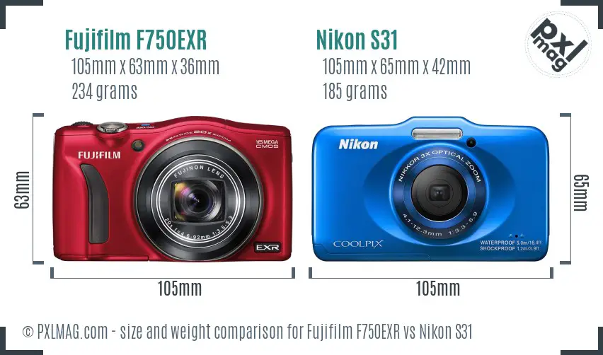 Fujifilm F750EXR vs Nikon S31 size comparison