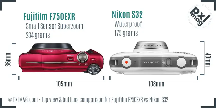 Fujifilm F750EXR vs Nikon S32 top view buttons comparison