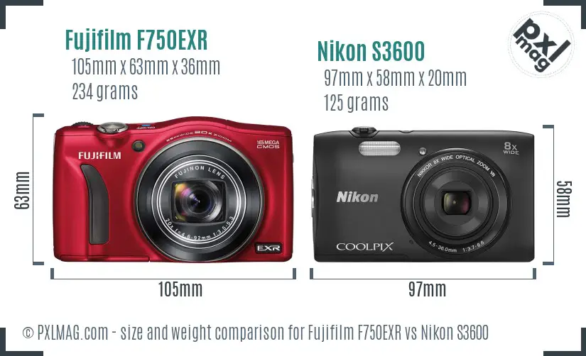 Fujifilm F750EXR vs Nikon S3600 size comparison