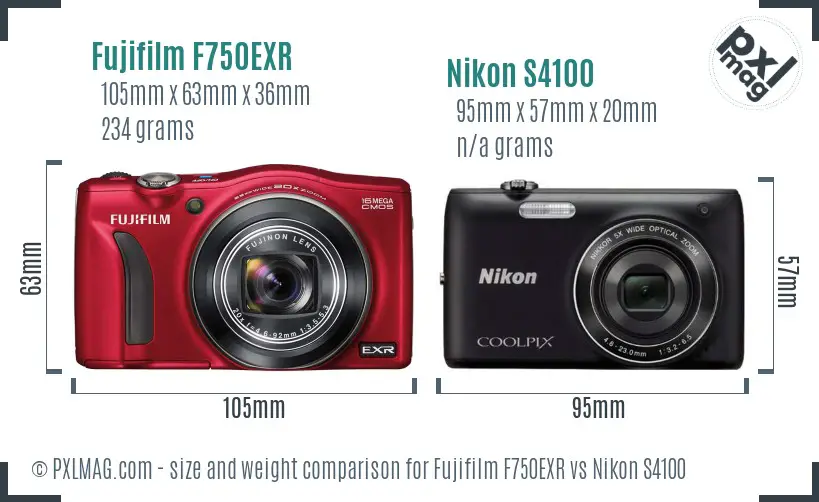 Fujifilm F750EXR vs Nikon S4100 size comparison