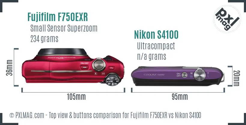 Fujifilm F750EXR vs Nikon S4100 top view buttons comparison