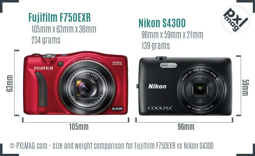 Fujifilm F750EXR vs Nikon S4300 size comparison