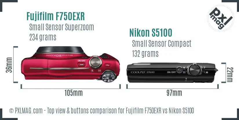 Fujifilm F750EXR vs Nikon S5100 top view buttons comparison Fujifilm F750EXR vs Nikon S5100 top view buttons comparison