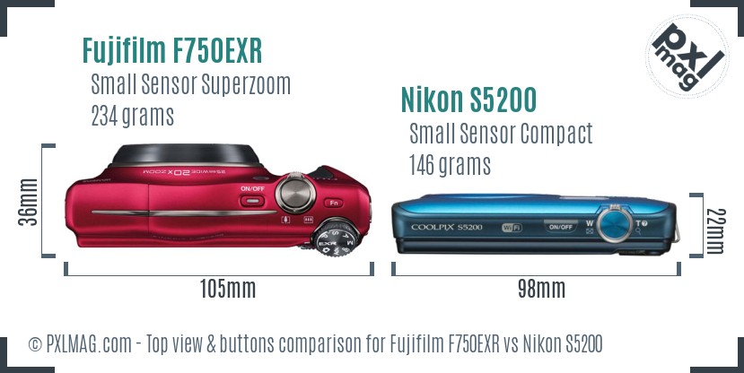 Fujifilm F750EXR vs Nikon S5200 top view buttons comparison