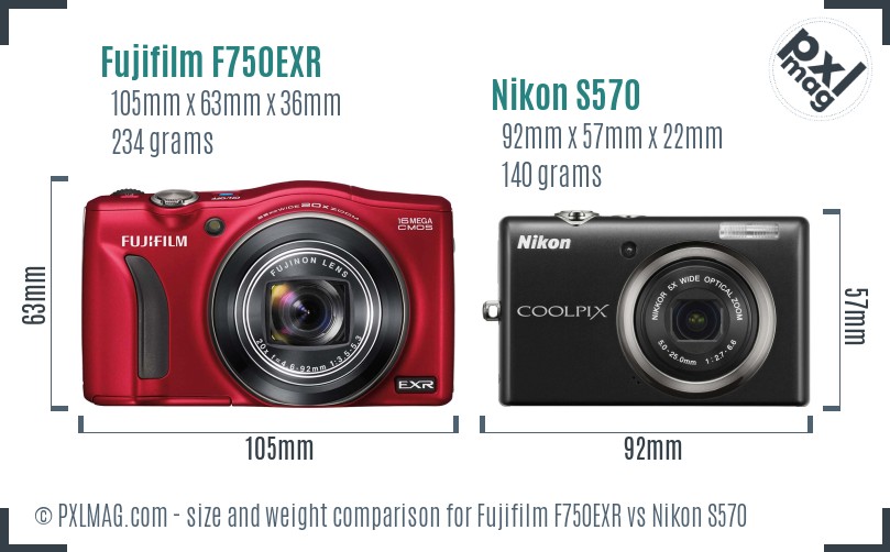 Fujifilm F750EXR vs Nikon S570 size comparison Fujifilm F750EXR vs Nikon S570 size comparison