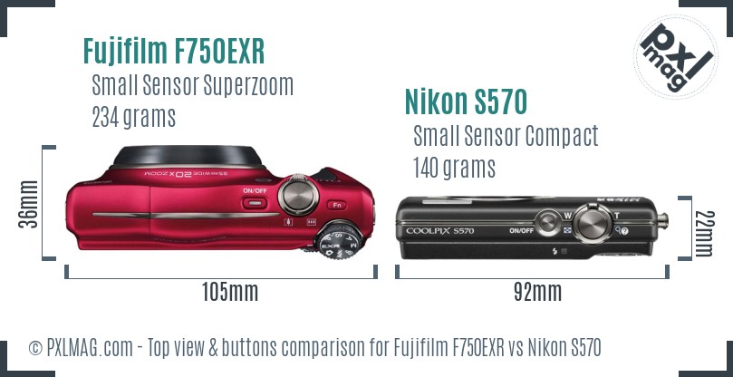 Fujifilm F750EXR vs Nikon S570 top view buttons comparison