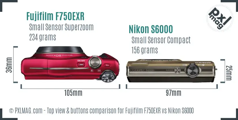 Fujifilm F750EXR vs Nikon S6000 top view buttons comparison