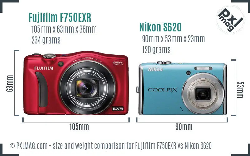 Fujifilm F750EXR vs Nikon S620 size comparison