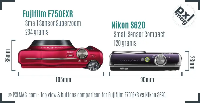 Fujifilm F750EXR vs Nikon S620 top view buttons comparison