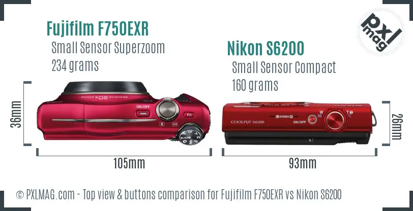 Fujifilm F750EXR vs Nikon S6200 top view buttons comparison Fujifilm F750EXR vs Nikon S6200 top view buttons comparison
