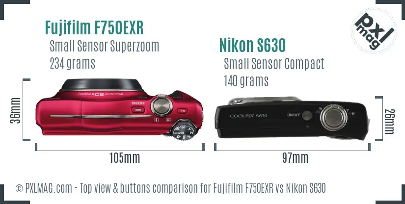 Fujifilm F750EXR vs Nikon S630 top view buttons comparison