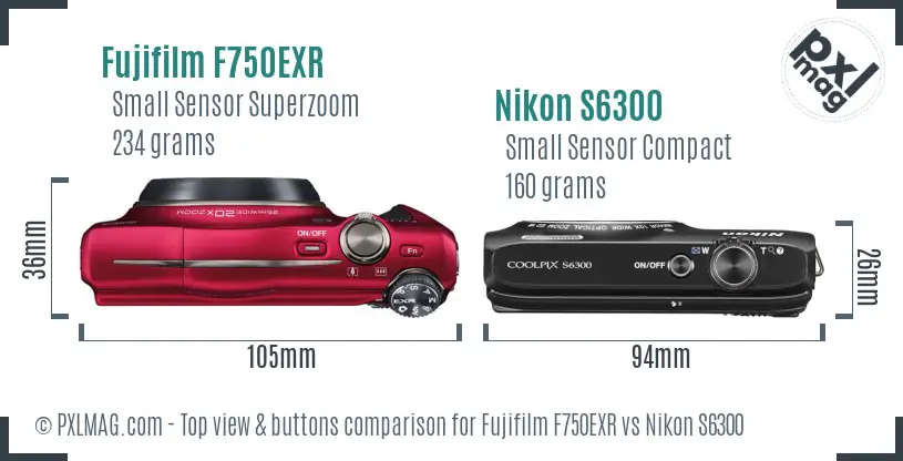 Fujifilm F750EXR vs Nikon S6300 top view buttons comparison Fujifilm F750EXR vs Nikon S6300 top view buttons comparison