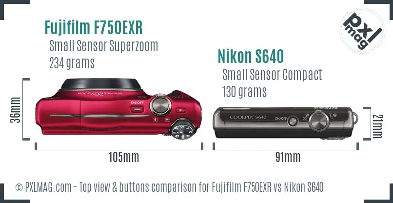 Fujifilm F750EXR vs Nikon S640 top view buttons comparison Fujifilm F750EXR vs Nikon S640 top view buttons comparison