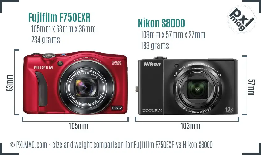 Fujifilm F750EXR vs Nikon S8000 size comparison Fujifilm F750EXR vs Nikon S8000 size comparison