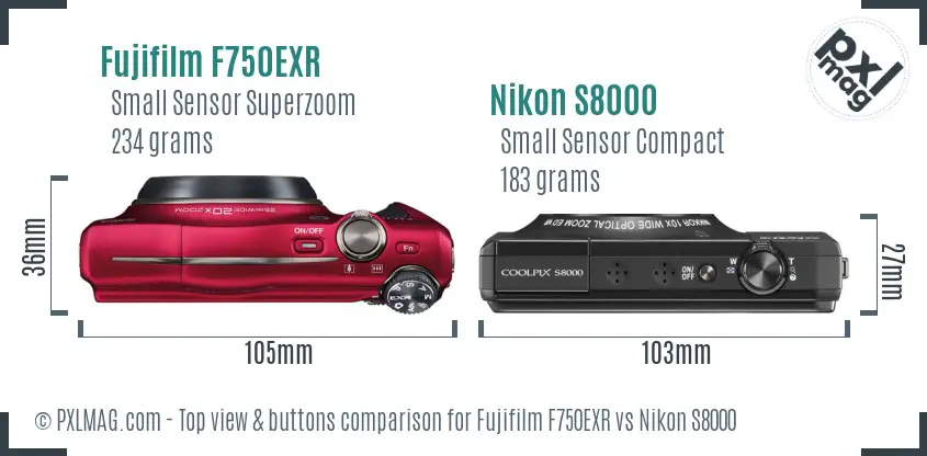 Fujifilm F750EXR vs Nikon S8000 top view buttons comparison Fujifilm F750EXR vs Nikon S8000 top view buttons comparison