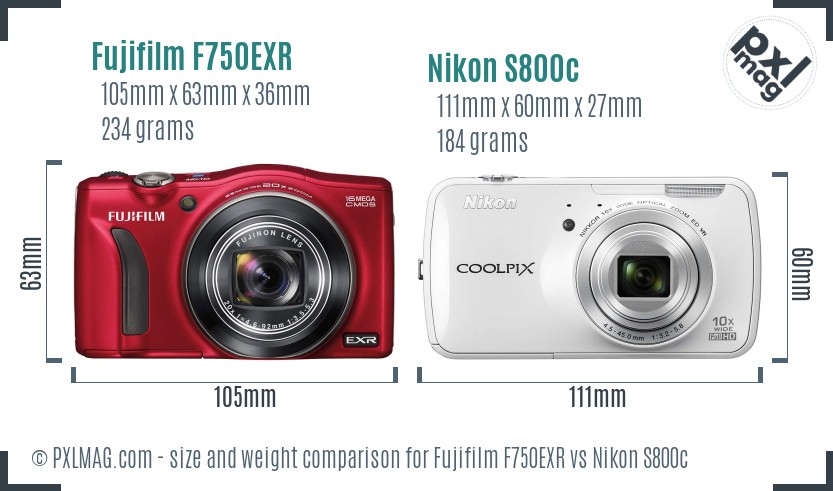 Fujifilm F750EXR vs Nikon S800c size comparison
