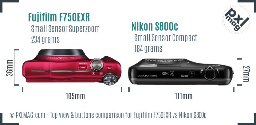 Fujifilm F750EXR vs Nikon S800c top view buttons comparison