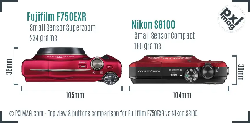 Fujifilm F750EXR vs Nikon S8100 top view buttons comparison