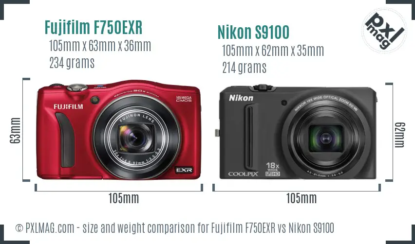 Fujifilm F750EXR vs Nikon S9100 size comparison Fujifilm F750EXR vs Nikon S9100 size comparison