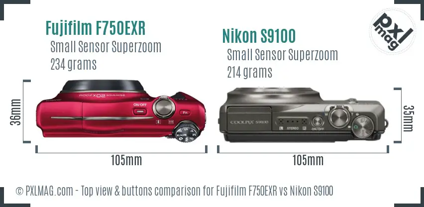 Fujifilm F750EXR vs Nikon S9100 top view buttons comparison Fujifilm F750EXR vs Nikon S9100 top view buttons comparison