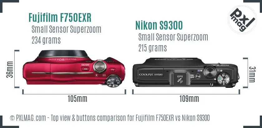Fujifilm F750EXR vs Nikon S9300 top view buttons comparison Fujifilm F750EXR vs Nikon S9300 top view buttons comparison