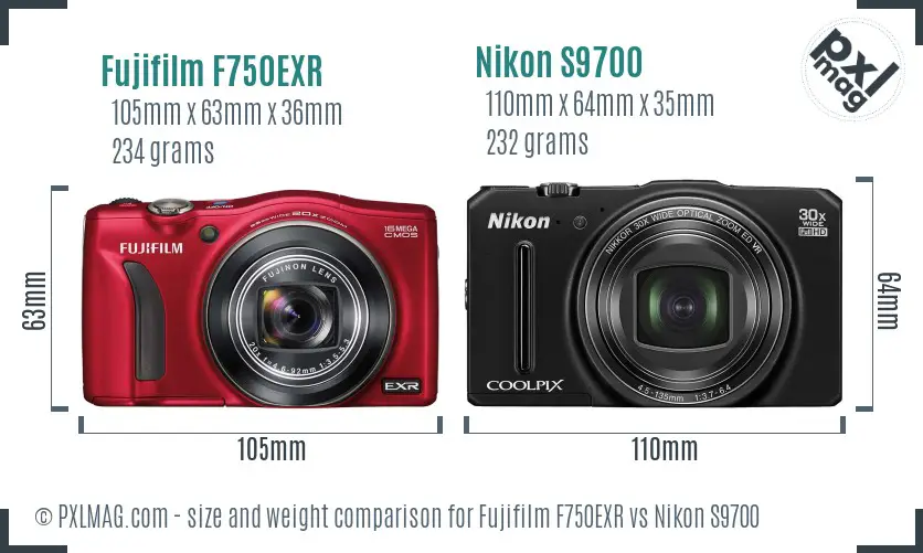 Fujifilm F750EXR vs Nikon S9700 size comparison