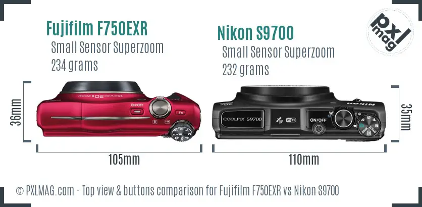 Fujifilm F750EXR vs Nikon S9700 top view buttons comparison