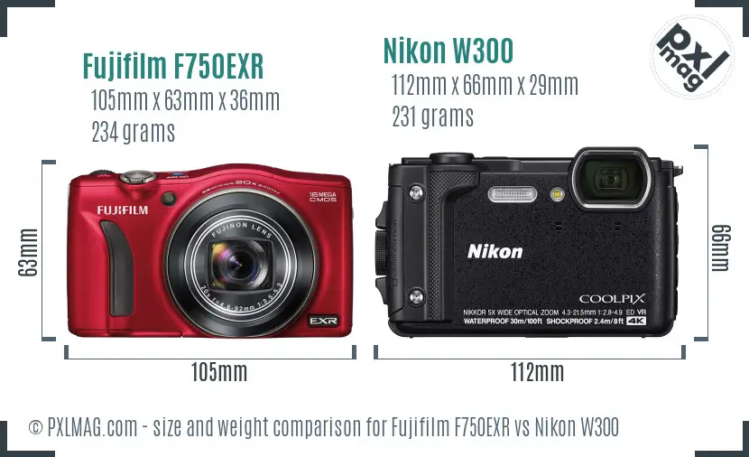 Fujifilm F750EXR vs Nikon W300 size comparison