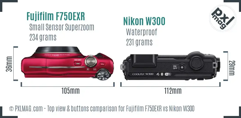 Fujifilm F750EXR vs Nikon W300 top view buttons comparison