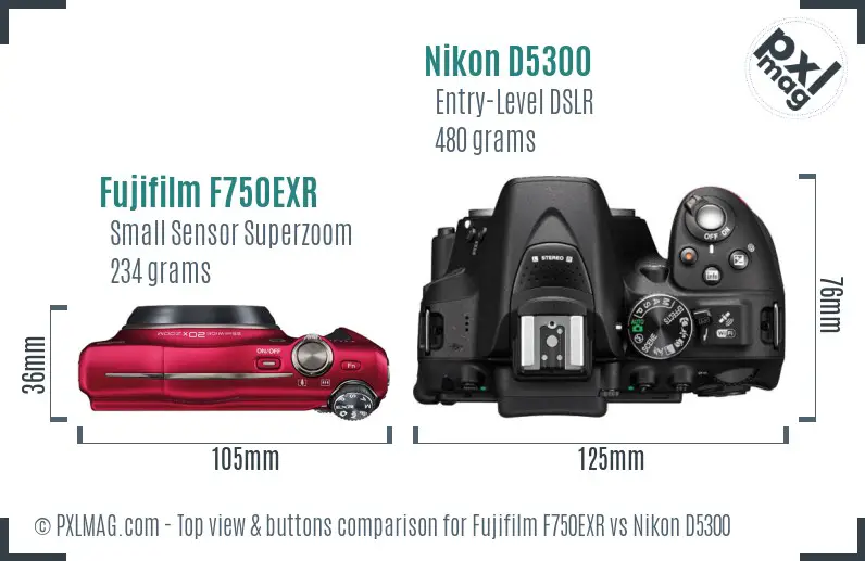Fujifilm F750EXR vs Nikon D5300 top view buttons comparison