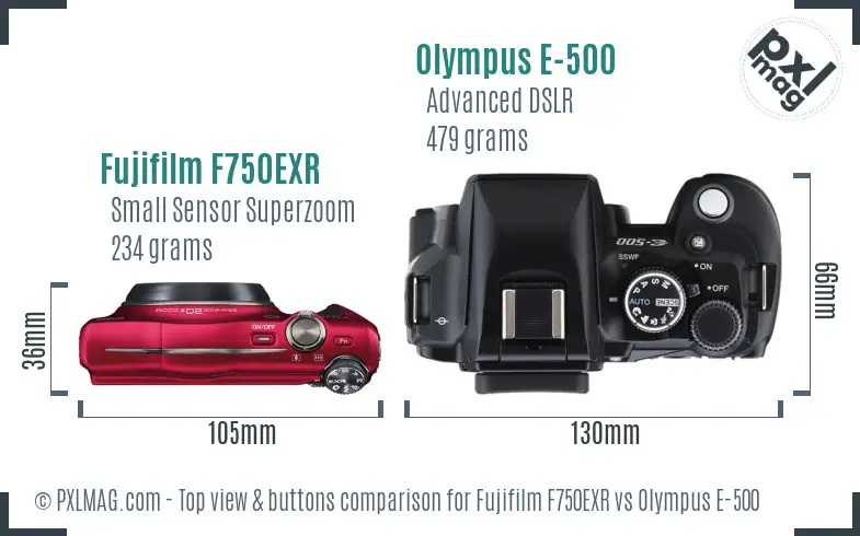 Fujifilm F750EXR vs Olympus E-500 top view buttons comparison