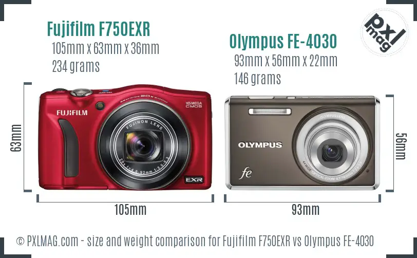 Fujifilm F750EXR vs Olympus FE-4030 size comparison