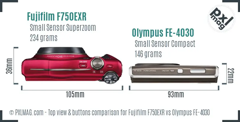 Fujifilm F750EXR vs Olympus FE-4030 top view buttons comparison