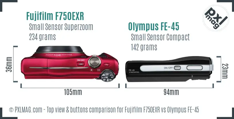 Fujifilm F750EXR vs Olympus FE-45 top view buttons comparison