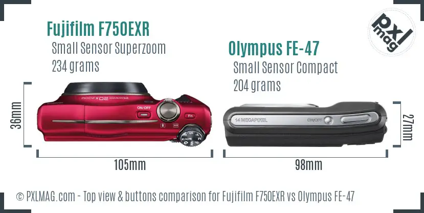 Fujifilm F750EXR vs Olympus FE-47 top view buttons comparison