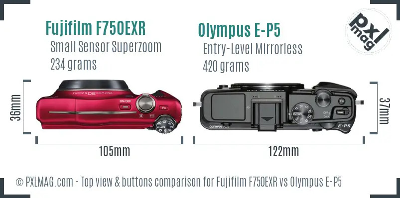 Fujifilm F750EXR vs Olympus E-P5 top view buttons comparison
