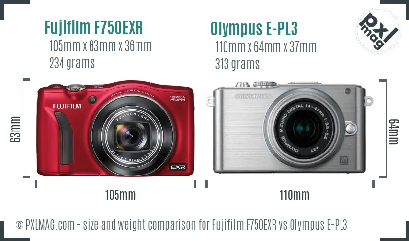 Fujifilm F750EXR vs Olympus E-PL3 size comparison