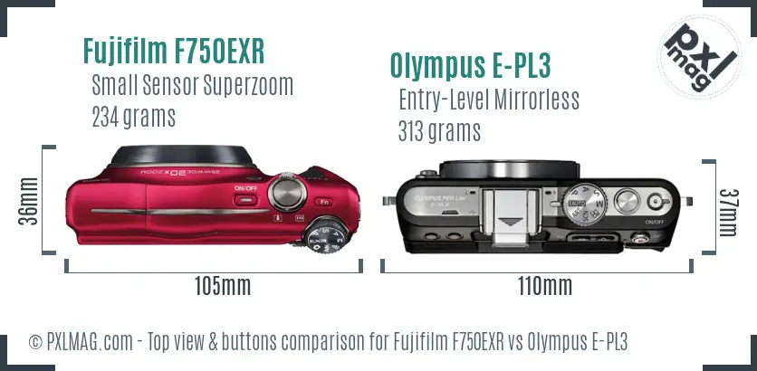 Fujifilm F750EXR vs Olympus E-PL3 top view buttons comparison