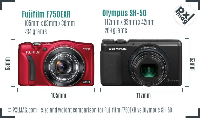 Fujifilm F750EXR vs Olympus SH-50 size comparison